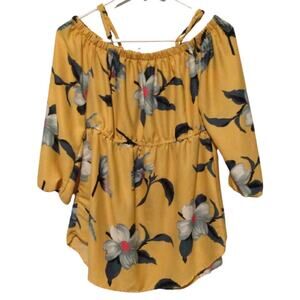 Hint of Blush Yellow Floral Ruffle Sleeve Off Shoulder Blouse Size Small